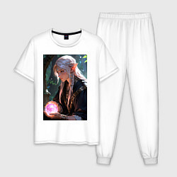 Пижама хлопковая мужская Серьёзная эльфийка с магической сферой, цвет: белый