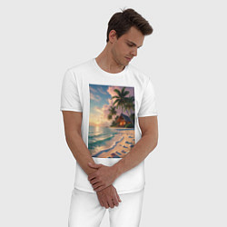 Пижама хлопковая мужская Вилла на берегу океана, цвет: белый — фото 2