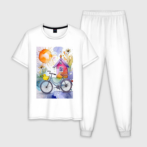 Мужская пижама Утенок на велосипеде - акварель / Белый – фото 1