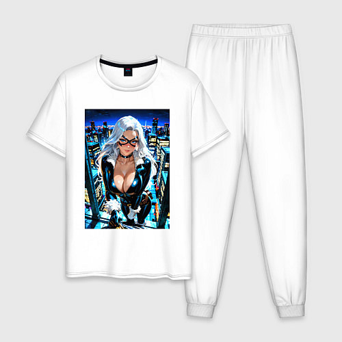 Мужская пижама Черная кошка на крыше / Белый – фото 1