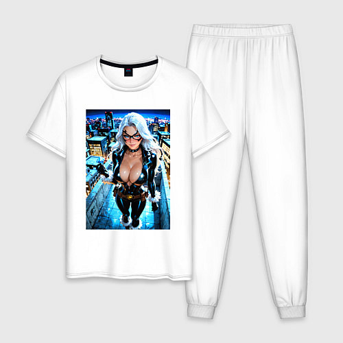 Мужская пижама Черная кошка с брилиантом на крыше здания / Белый – фото 1