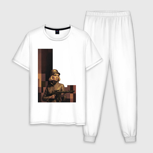 Мужская пижама Женщина с автоматом ретрофутуризм поп-арт 1970-е / Белый – фото 1
