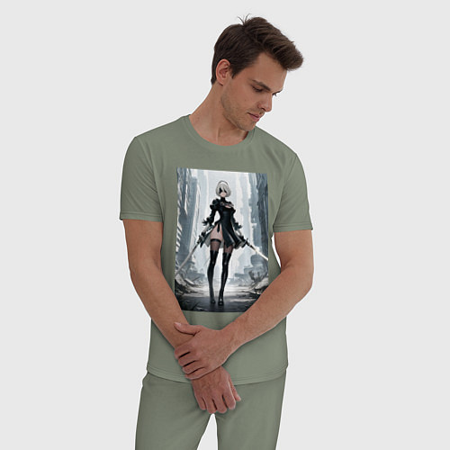 Мужская пижама Девушка-андроид с катанами посреди руин / Авокадо – фото 3