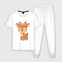 Пижама хлопковая мужская Милый олененок с венком, цвет: белый