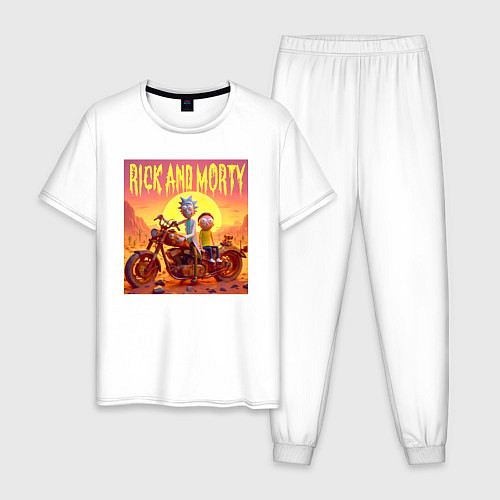 Мужская пижама Рик и Морти на ржавом ретро мотоцикле в пустыне / Белый – фото 1