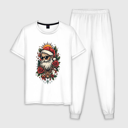 Мужская пижама Дед мороз в черных очках и олень / Белый – фото 1