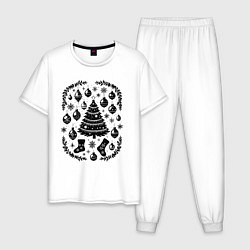 Пижама хлопковая мужская Новогодние украшения и елка, цвет: белый