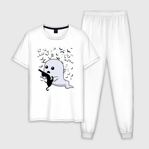 Мужская пижама Призрак с котиком среди летучих мышей / Белый – фото 1