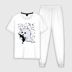 Мужская пижама Призрак с котиком среди летучих мышей