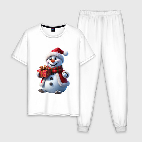 Мужская пижама Новогодний снеговик в красной шапке / Белый – фото 1