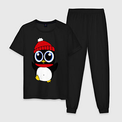 Пижама хлопковая мужская Удивленный пингвинчик, цвет: черный