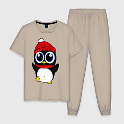 Пижама хлопковая мужская Удивленный пингвинчик, цвет: миндальный