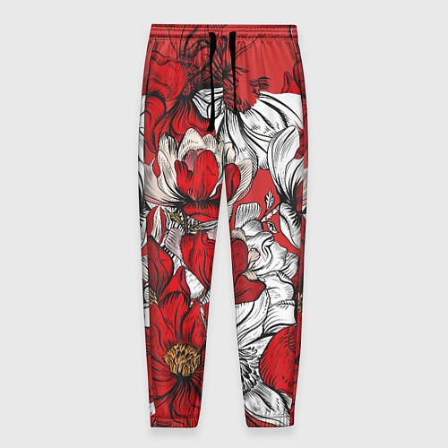 Мужские брюки Цветы на алом фоне / 3D-принт – фото 1
