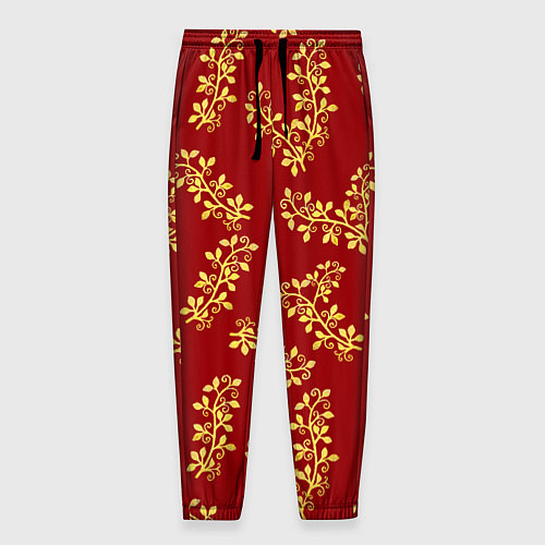 Мужские брюки Золотые веточки на ярко красном фоне / 3D-принт – фото 1