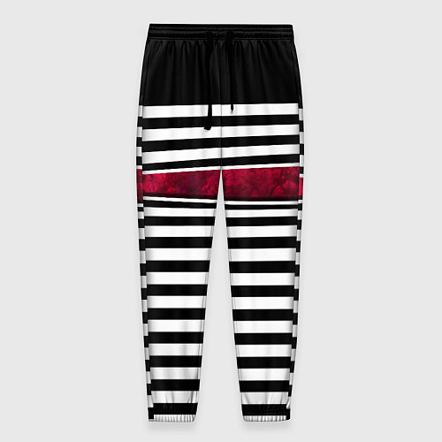Мужские брюки Полосатый современный черно-белый с красной вставк / 3D-принт – фото 1