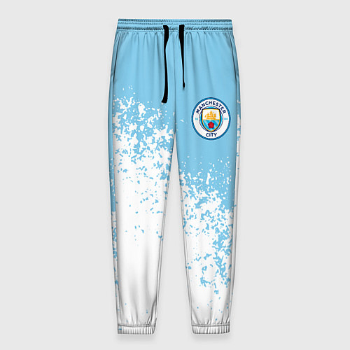 Мужские брюки Manchester city белые брызги на голубом фоне / 3D-принт – фото 1