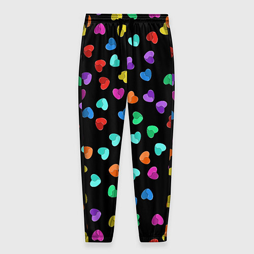 Мужские брюки Сердечки разноцветные на черном / 3D-принт – фото 1