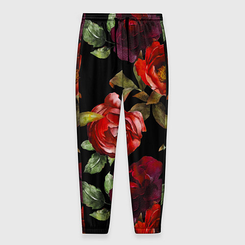 Мужские брюки Цветы Нарисованные Розы На Чёрном Фоне / 3D-принт – фото 1