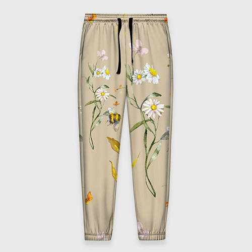 Мужские брюки Нарисованные Цветы Ромашки и Пчёлы / 3D-принт – фото 1