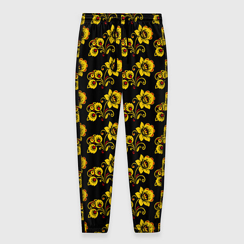 Мужские брюки Хохломская роспись цветы на чёрном фоне / 3D-принт – фото 1