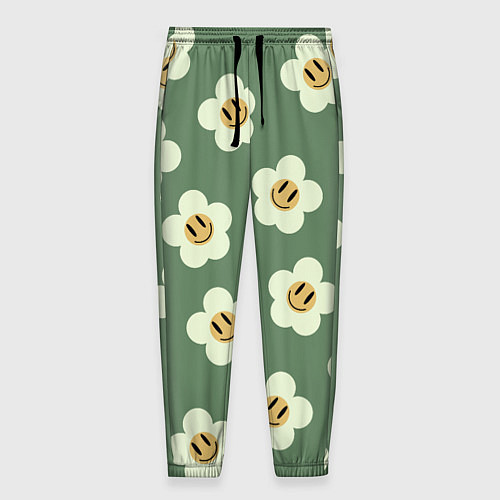 Мужские брюки Цветочки-смайлики: темно-зеленый паттерн / 3D-принт – фото 1
