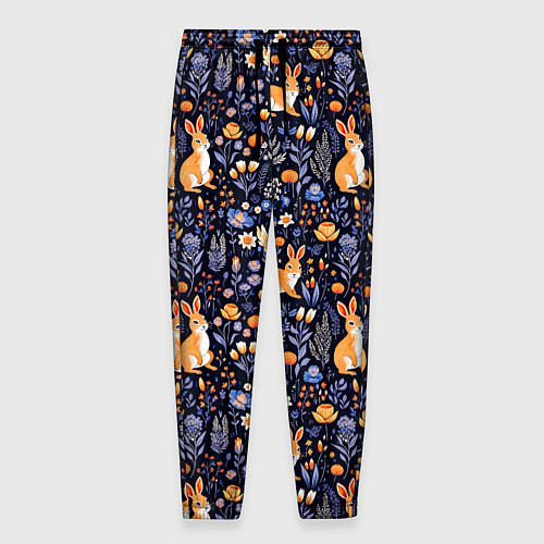 Мужские брюки Оранжевые зайчики в траве на синем фоне / 3D-принт – фото 1