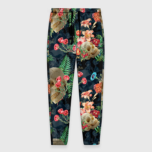 Мужские брюки Узор из черепов с цветами и листьями / 3D-принт – фото 1