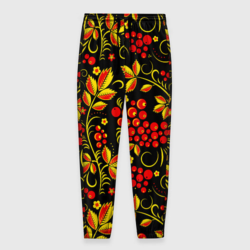 Мужские брюки Хохломская роспись золотистые листья чёрном фоне / 3D-принт – фото 1