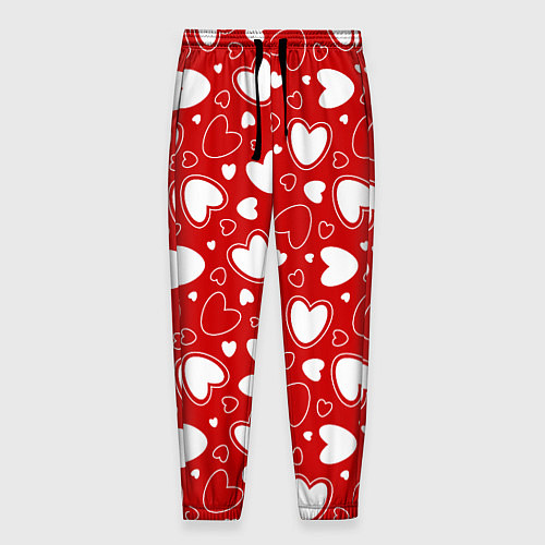 Мужские брюки Белые сердечки на красном фоне / 3D-принт – фото 1