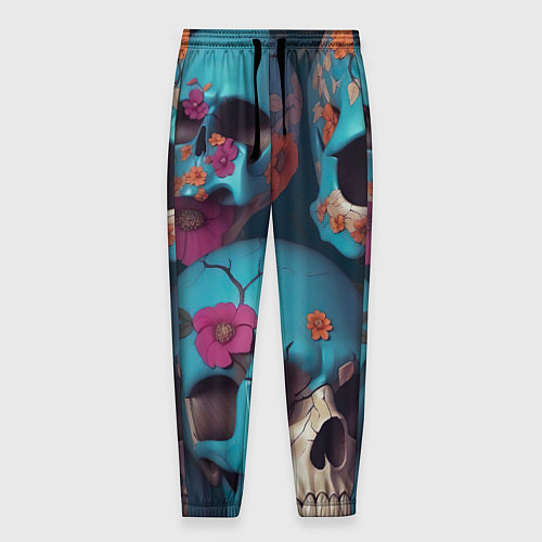 Мужские брюки Черепа с цветами синие / 3D-принт – фото 1