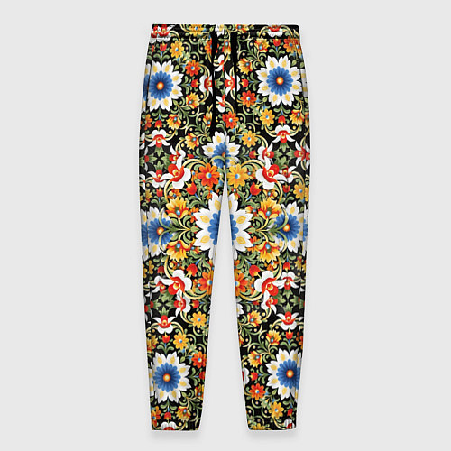 Мужские брюки Русские цветочные узоры красно-желтые / 3D-принт – фото 1