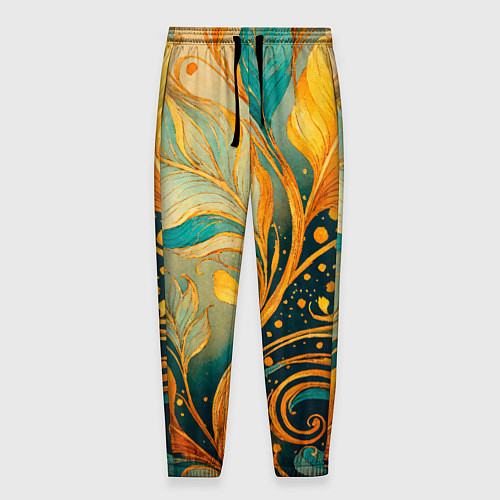 Мужские брюки Золотые и бирюзовые листья абстракция / 3D-принт – фото 1