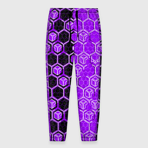 Мужские брюки Техно-киберпанк шестиугольники фиолетовый и чёрный / 3D-принт – фото 1
