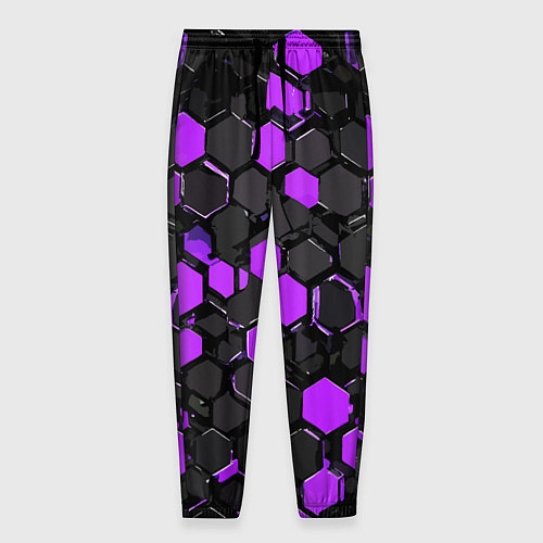 Мужские брюки Фиолетово-серые шестиугольники на чёрном фоне / 3D-принт – фото 1