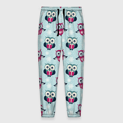 Мужские брюки Новогодний паттерн с милыми совами и снежинками / 3D-принт – фото 1