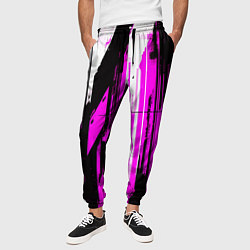 Брюки на резинке мужские Вертикальные чёрно-белые линии на розовом фоне, цвет: 3D-принт — фото 2