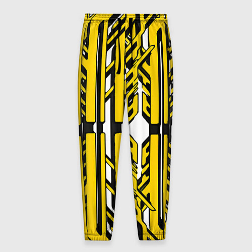 Мужские брюки Чёрно-жёлтые техно полосы на белом фоне / 3D-принт – фото 1