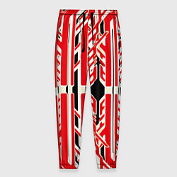 Брюки на резинке мужские Бело-красные техно полосы на чёрном фоне, цвет: 3D-принт