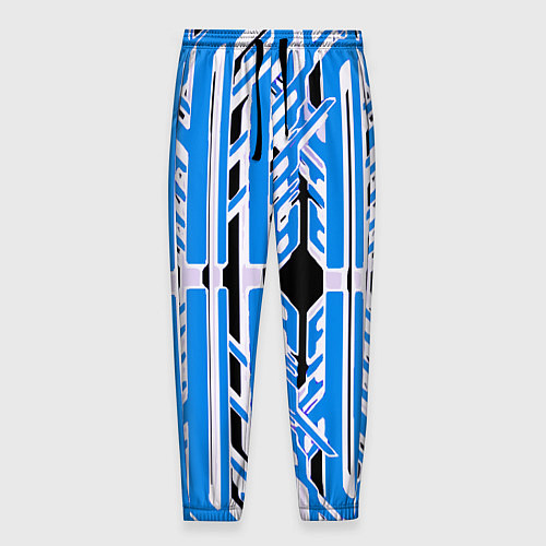 Мужские брюки Бело-синие техно полосы на чёрном фоне / 3D-принт – фото 1