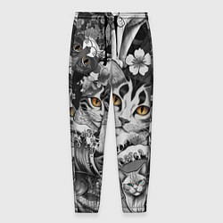 Брюки на резинке мужские С котами и рыбой на фоне сакуры в волнах, цвет: 3D-принт