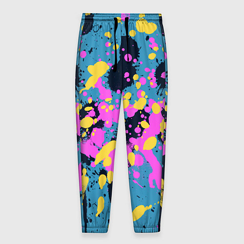 Мужские брюки Брызги краски розовой желтой и темно синей / 3D-принт – фото 1