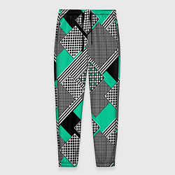 Брюки на резинке мужские Черно бирюзовая абстрактная геометрия пэчворк, цвет: 3D-принт