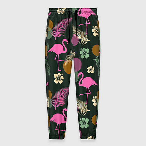 Мужские брюки Фламинго и листья на темно-зеленом / 3D-принт – фото 1
