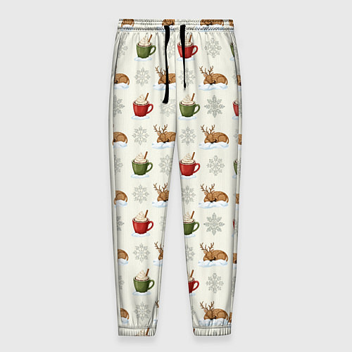 Мужские брюки Зимний паттерн с оленем и чашками какао / 3D-принт – фото 1