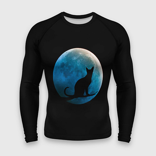 Мужской рашгард Силуэт кота на фоне синей луны / 3D-принт – фото 1
