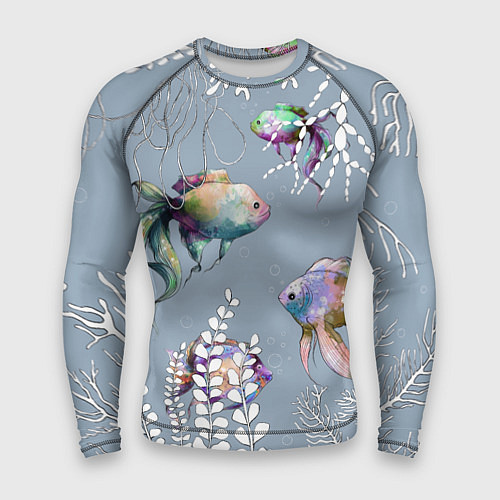 Мужской рашгард Разноцветные акварельные рыбки и белые водоросли / 3D-принт – фото 1