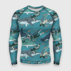 Рашгард мужской Ныряльщики и акулы - паттерн, цвет: 3D-принт