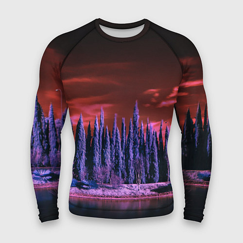 Мужской рашгард Абстрактный фиолетовый лес и тёмная река / 3D-принт – фото 1