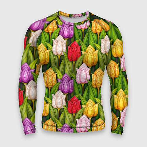 Мужской рашгард Объемные разноцветные тюльпаны / 3D-принт – фото 1
