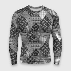 Рашгард мужской Black and White Ethnic Patchwork Pattern, цвет: 3D-принт